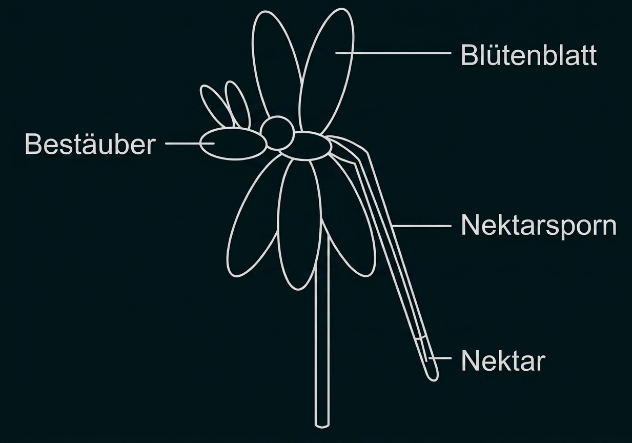 Beschriftete Blüte mit Bestäuber, Blütenblatt, Nektarsporn und Nektar.